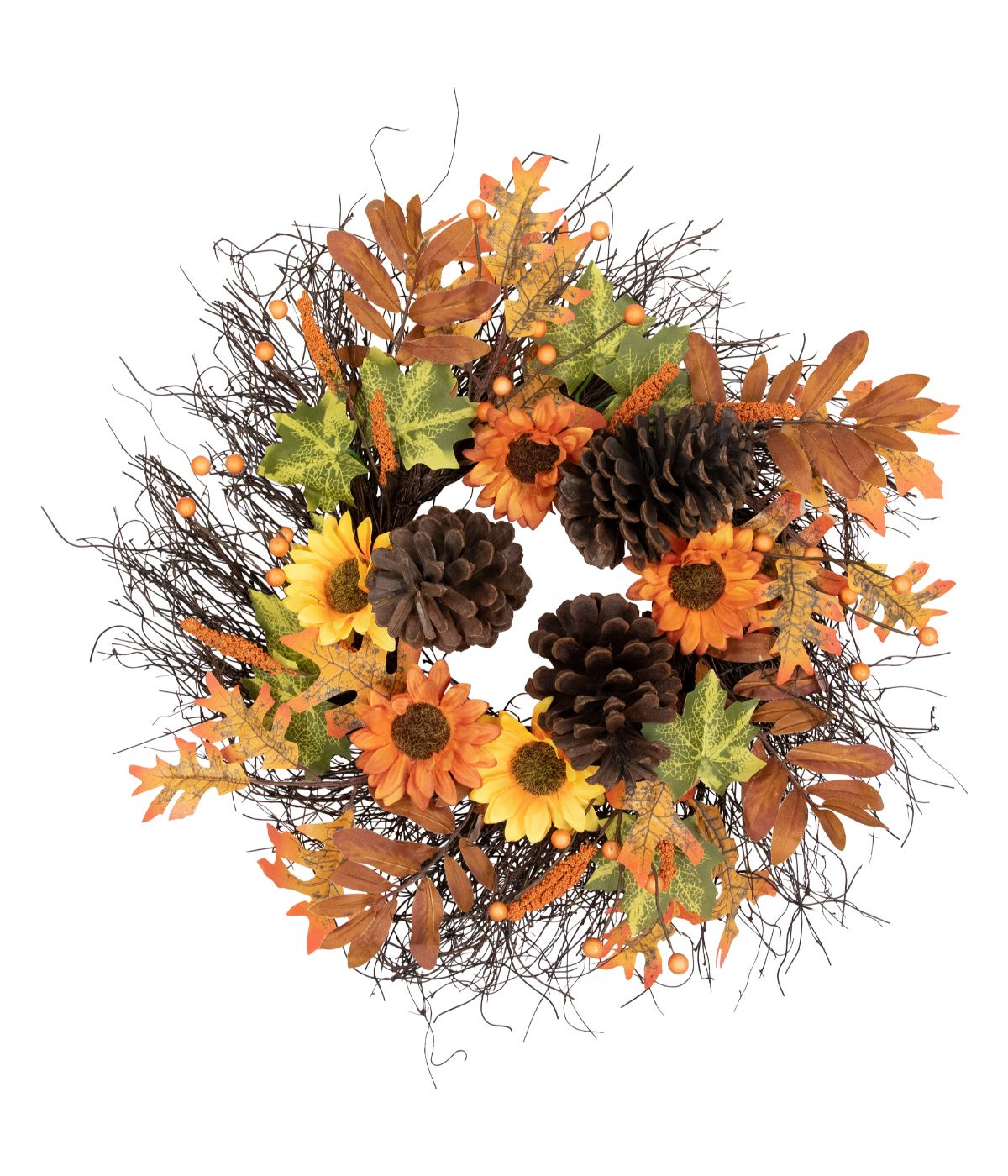 Sunflowers and Pine Cones Fall Artificial Thanksgiving Wreath Orange