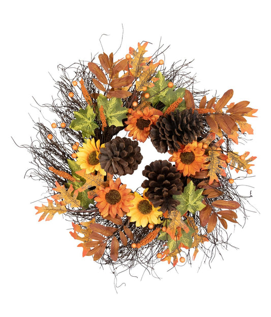 Sunflowers and Pine Cones Fall Artificial Thanksgiving Wreath Orange