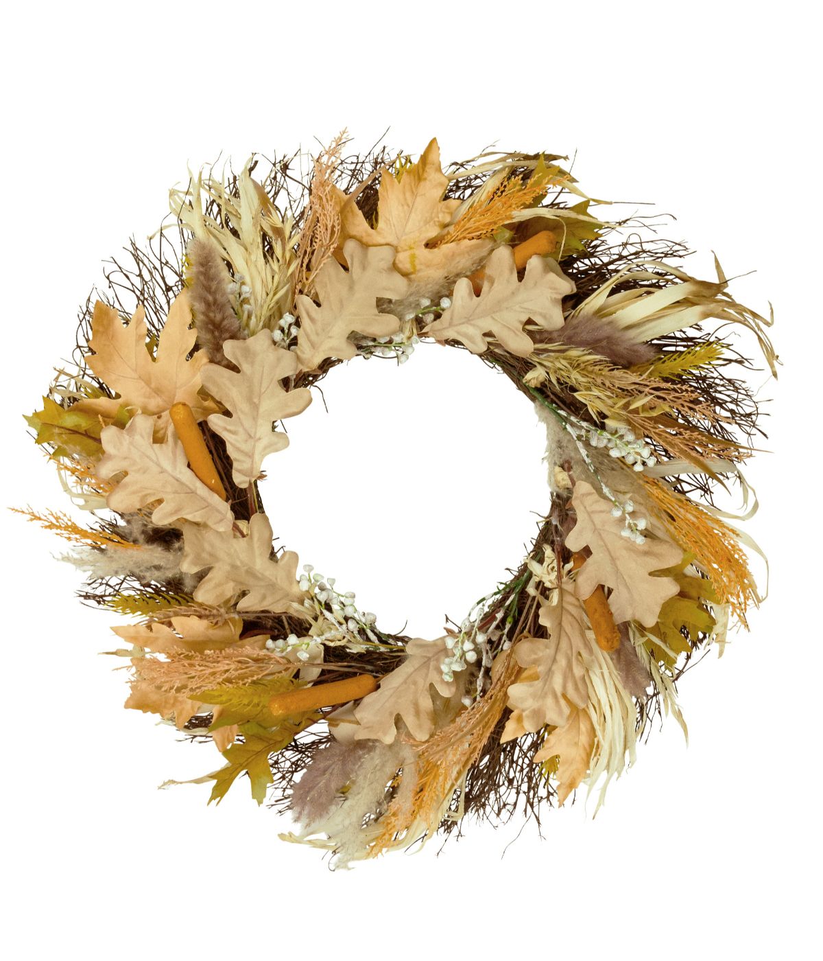 Cattail and Wheat Twig Artificial Fall Harvest Wreath Brown