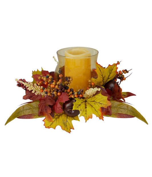 Fall Apple and Berry Glass Hurricane Pillar Candle Holder Red