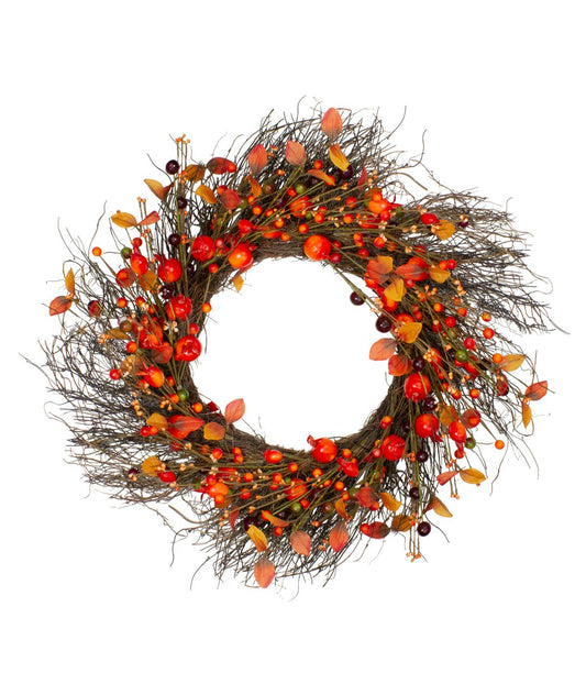 Leaves and Berries Artificial Fall Harvest Twig Wreath Red
