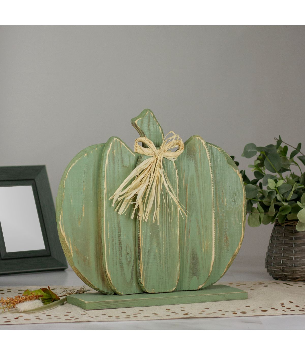 Fall Harvest Wooden Pumpkin with Bow Table Top Decoration Green