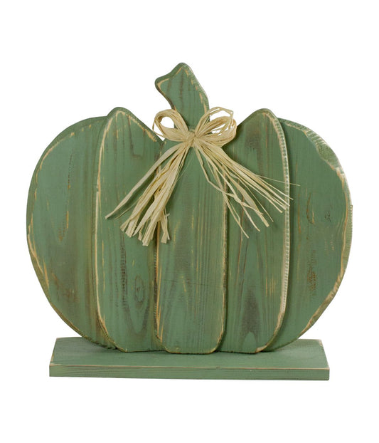 Fall Harvest Wooden Pumpkin with Bow Table Top Decoration Green