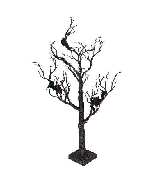 Lighted Black Glittered Tabletop Halloween Tree with Bats