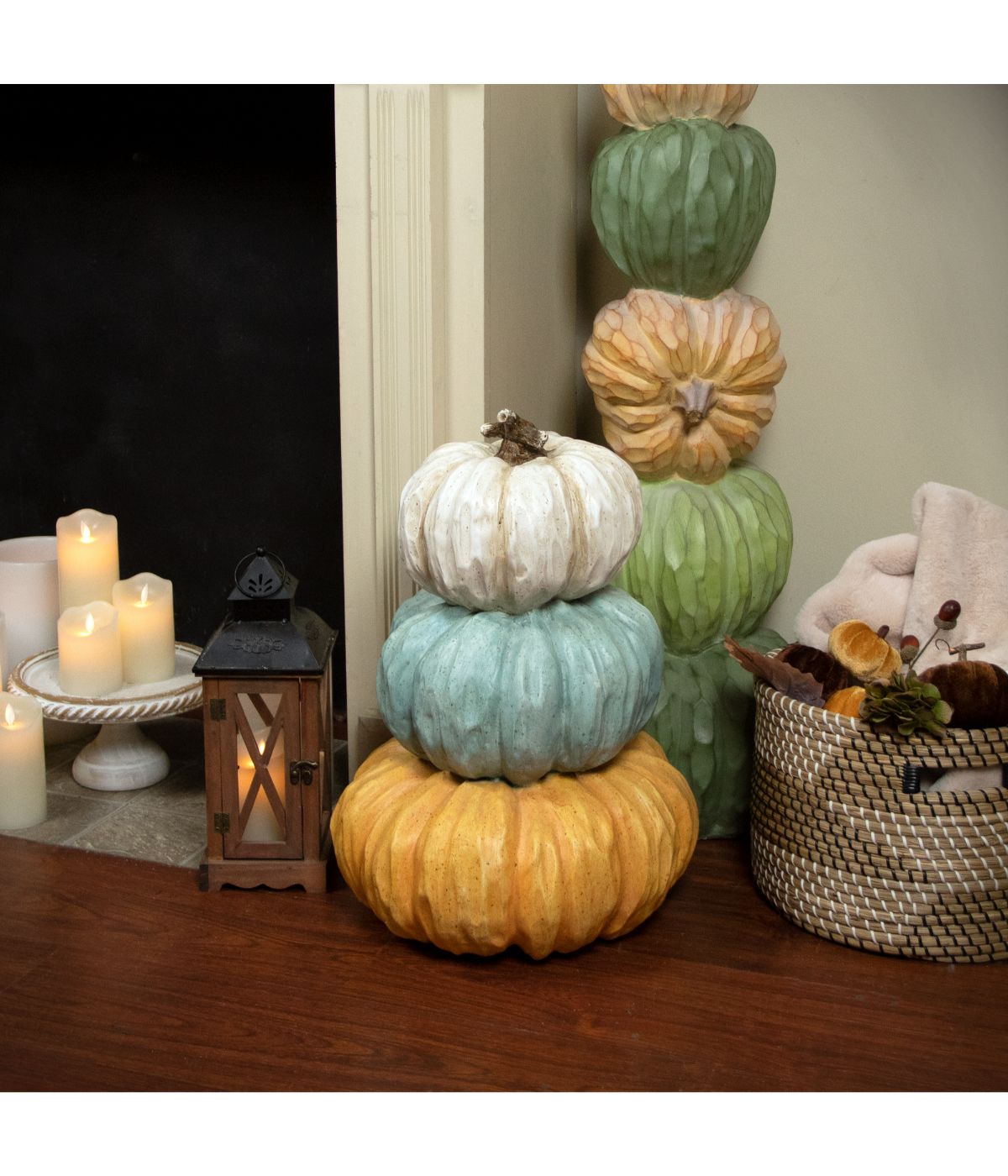 Triple Stacked Pumpkins Thanksgiving Tabletop Decor Orange