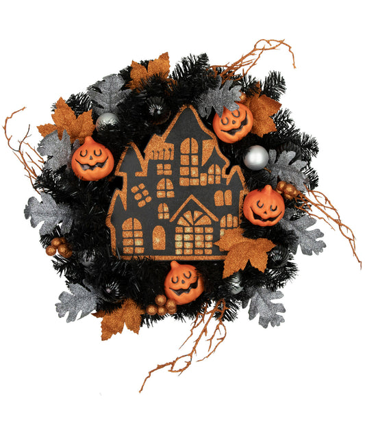 Orange and Black Haunted House Halloween Wreath 24-Inch Unlit