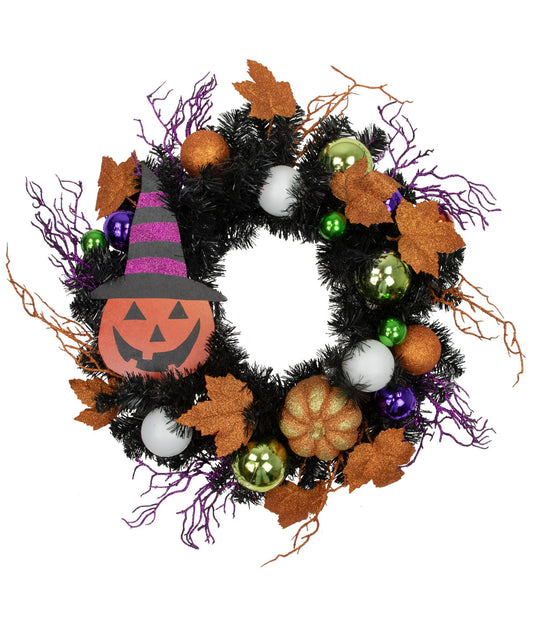 Jack-O-Lantern in Witches Hat Halloween Pine Wreath 24-Inch Unlit