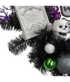 Purple and Black Spooky Skeleton Pine Halloween Wreath 24-Inch Unlit