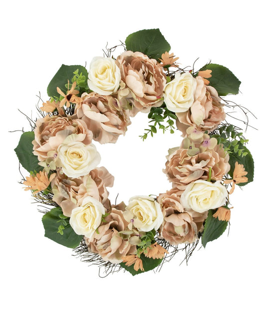 Peach and White Floral Fall Harvest Artificial Wreath Pink