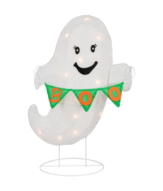 Lighted White Ghost with "Boo" Banner Halloween Decoration