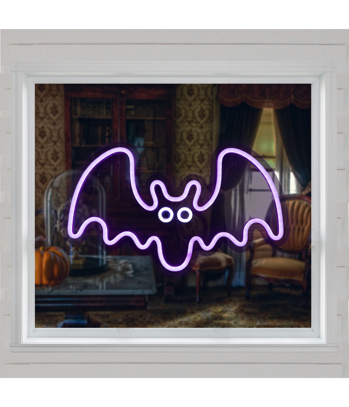 Lighted Neon Style Purple Bat Halloween Window Silhouette