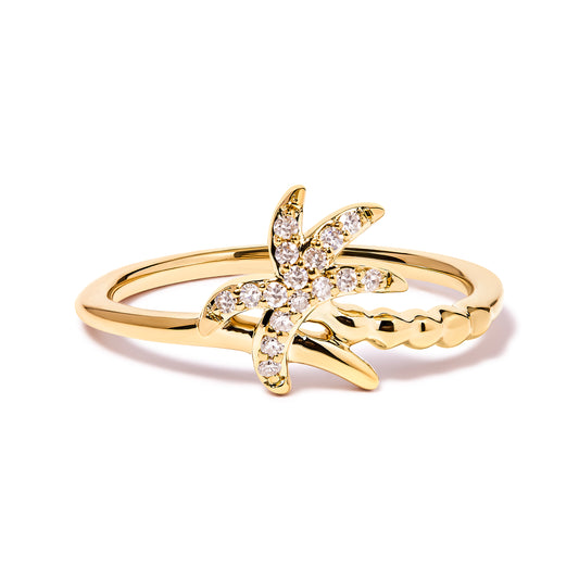 10K Yellow Gold 1/10 Cttw Diamond  Palm Tree Statement Ring (H-I Color, I1-I2 Clarity)-Ring Size 6-1
