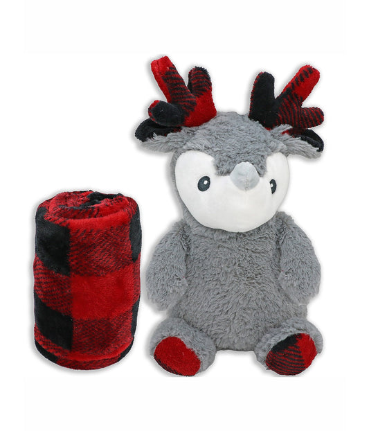 Check Blanket with Reindeer Plush Toy Red and Black