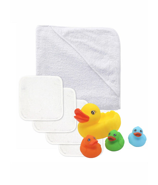 Baby Boys and Baby Girls Bath Towel and Washcloth Set with Bath Toys White