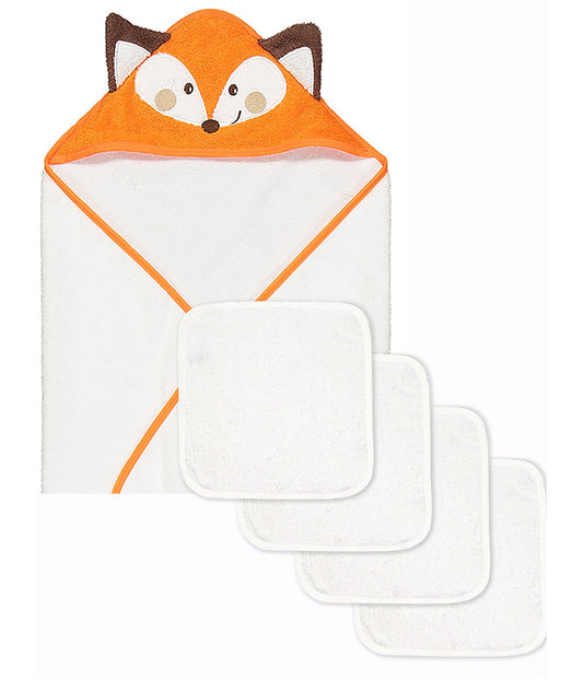 Baby Boys and Baby Girls Hooded Character Bath Towel with 4 Wash Cloths Orange