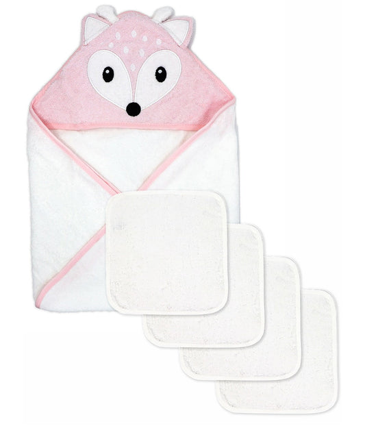 Baby Boys and Baby Girls Hooded Character Bath Towel with 4 Wash Cloths Pink