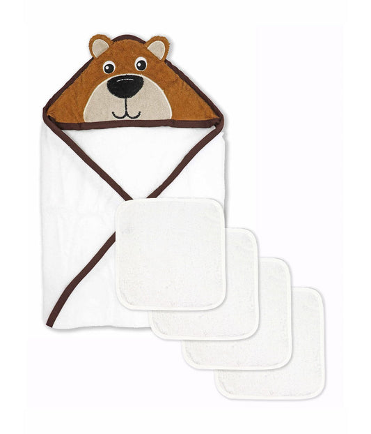 Baby Boys and Baby Girls Hooded Character Bath Towel with 4 Wash Cloths Tan