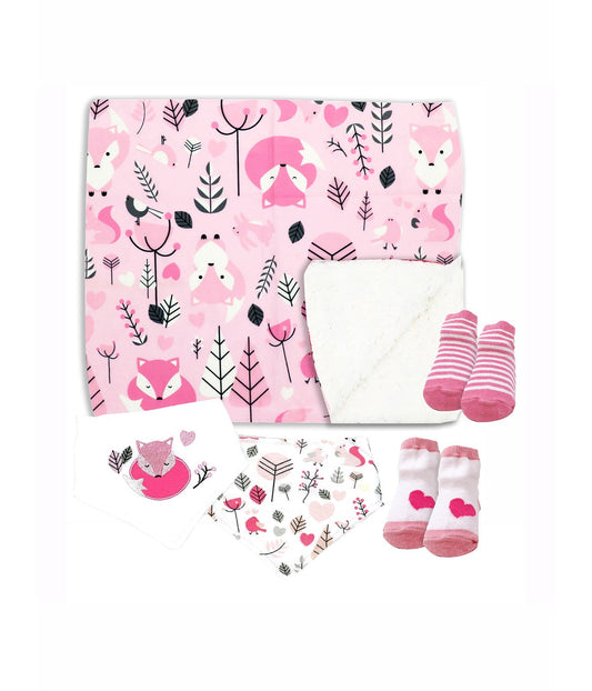 Baby Boys and Baby Girls Minky Blanket with 4 Piece Baby Accessory Gift Set Pink Foxes