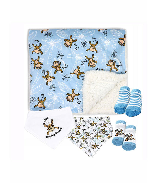 Baby Boys and Baby Girls Minky Blanket with 4 Piece Baby Accessory Gift Set Light Blue Monkeys