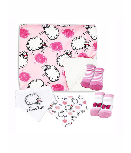 Baby Boys and Baby Girls Minky Blanket with 4 Piece Baby Accessory Gift Set Fuchsia Sheep