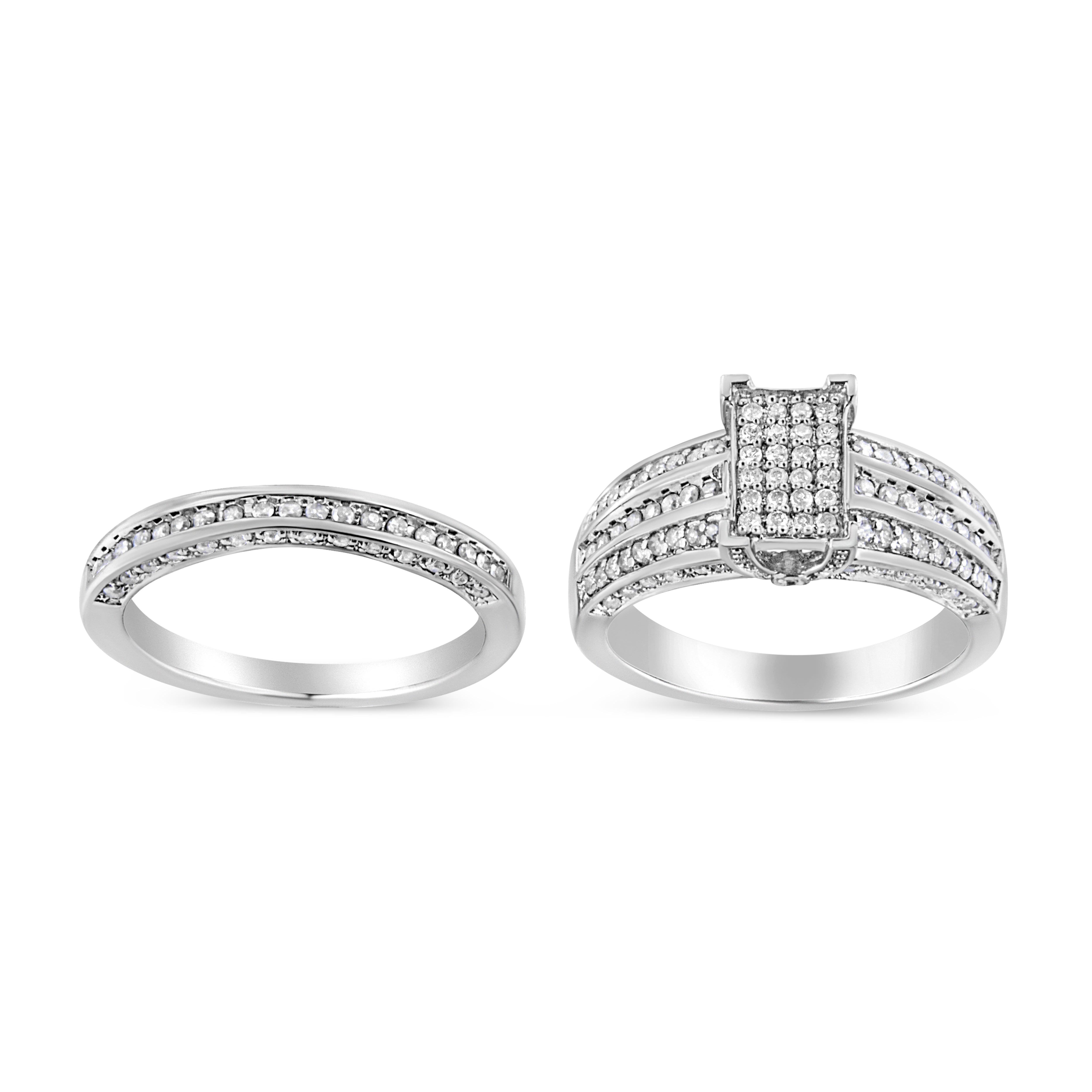 .925 Sterling Silver 3/4 Cttw Prong Set Round Diamond Composite Engagement Ring and Band Set (I-J Color, I3 Clarity)-Size 5-1