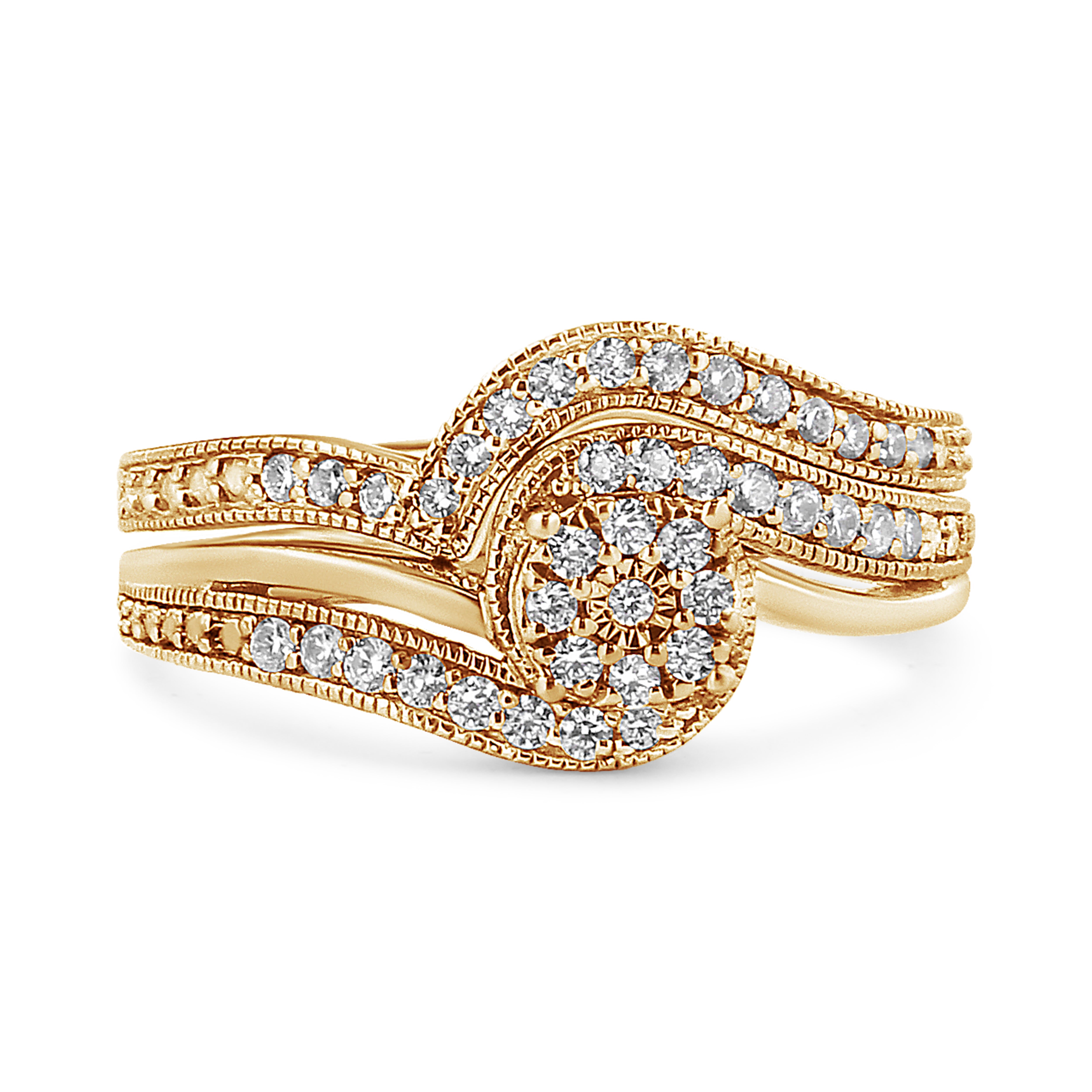 14K Yellow Gold Plated .925 Sterling Silver 1/3ct Cttw Multi-Diamond Bypass Vintage-Style Bridal Set Ring and Band (I-J Color, I3 Clarity)-Size 6-2