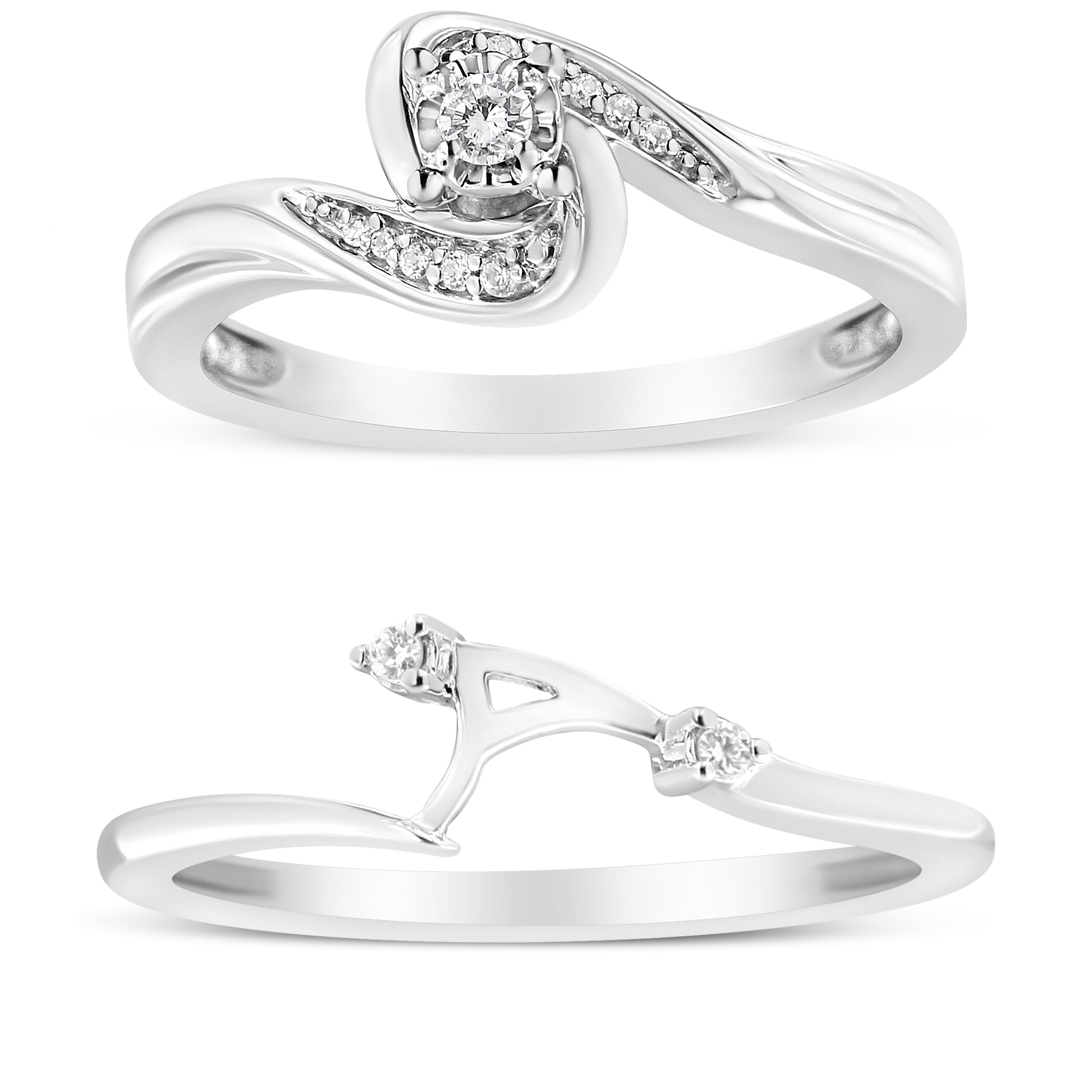 .925 Sterling Silver 1/10 Cttw Diamond Swirl and Bypass Bridal Set Ring and Band (I-J Color, I3 Clarity)-Size 6-2