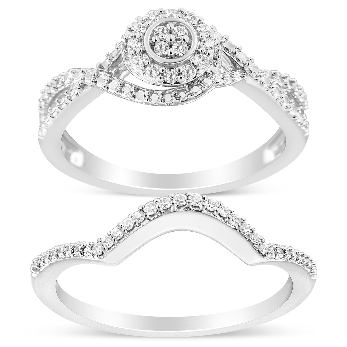 .925 Sterling Silver 1/6 Cttw Diamond Composite Halo and Split Shank Bridal Set Ring and Band  (I-J Color, I3 Clarity)-Size 5-1