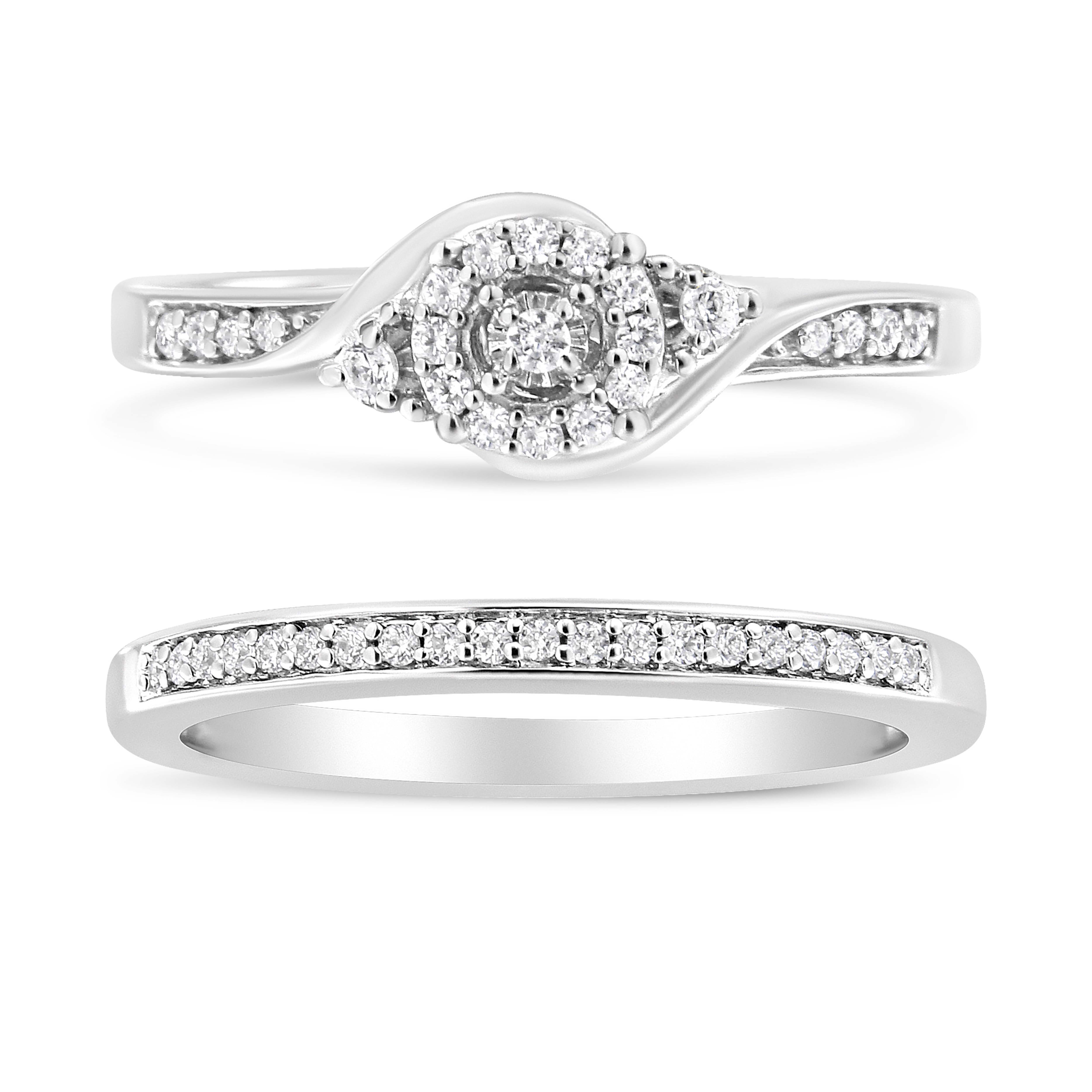 .925 Sterling Silver 1/4 Cttw Diamond Halo and Swirl Engagement Ring and Wedding Band Set (I-J Color, I3 Clarity)- Ring Size 6-2