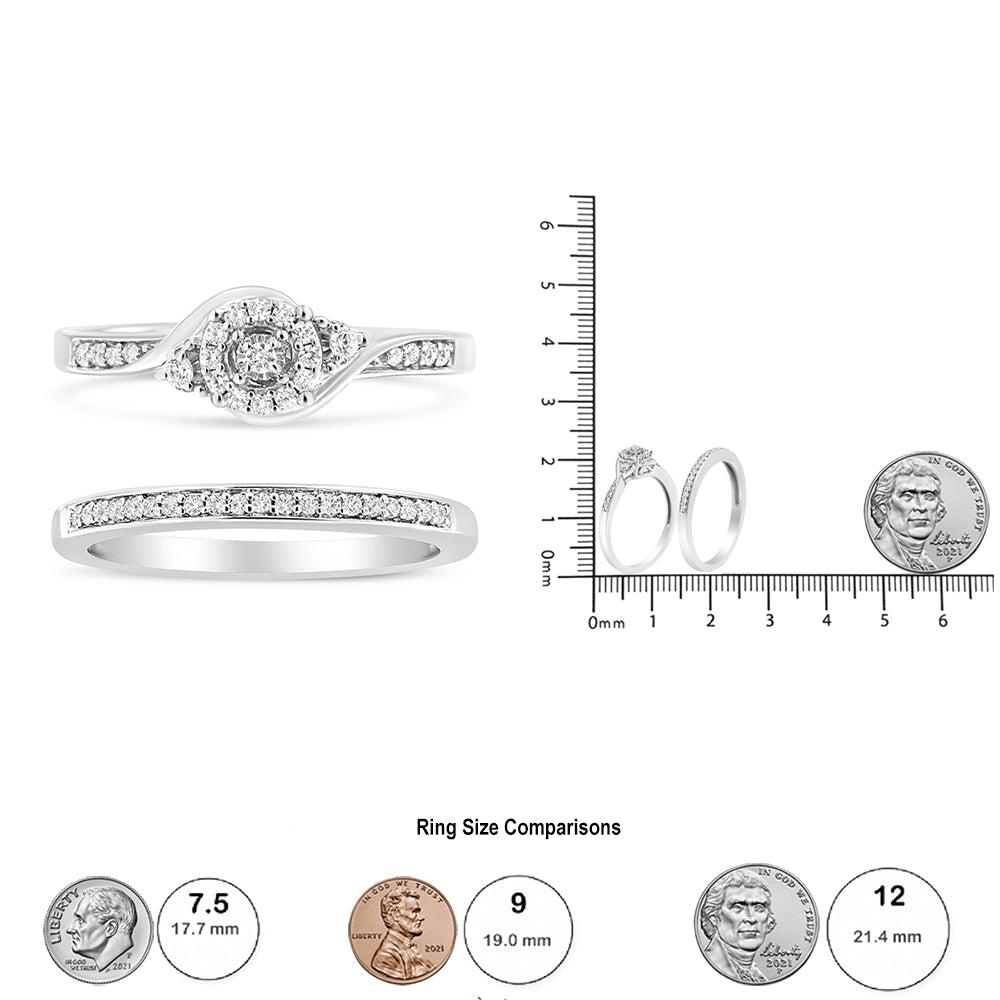 .925 Sterling Silver 1/4 Cttw Diamond Halo and Swirl Engagement Ring and Wedding Band Set (I-J Color, I3 Clarity)- Ring Size 8-4