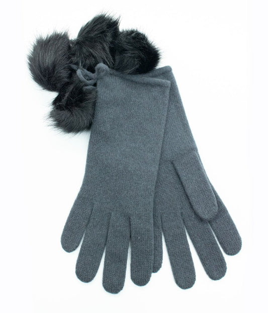 Gloves With Faux Fur Poms And Bow Dark Grey