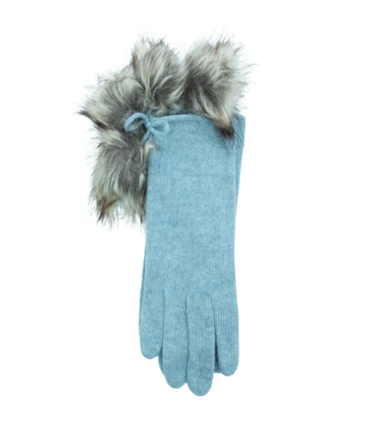 Gloves With Faux Fur Poms And Bow Dream Blue