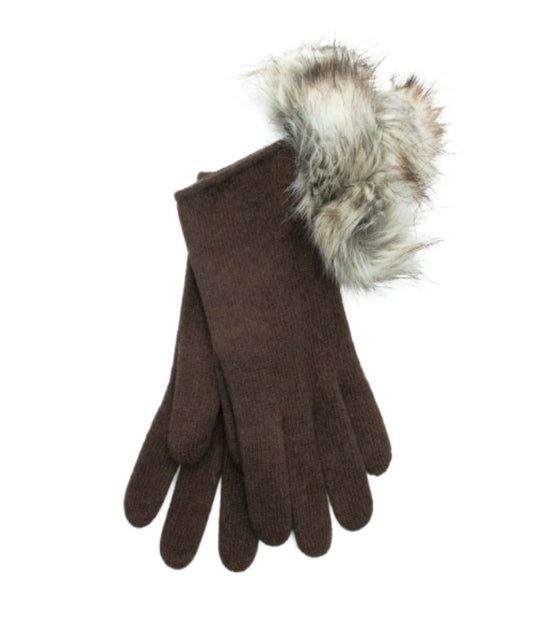 Gloves With Faux Fur Poms And Bow Espresso