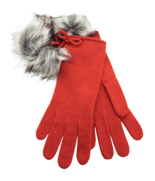 Gloves With Faux Fur Poms And Bow Cinnamon