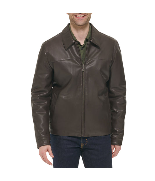 Mens Faux Leather Collared Jacket Dk Brown