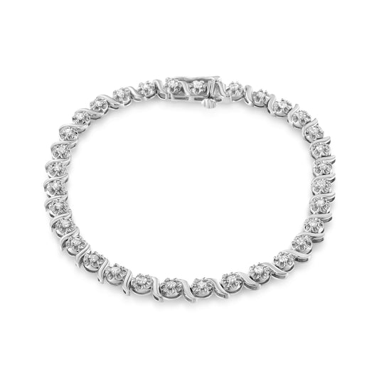 .925 Sterling Silver 1.0 Cttw Diamond Spiral Wave Curved-Link 7" Tennis Bracelet (I-J Color, I3 Clarity)-1