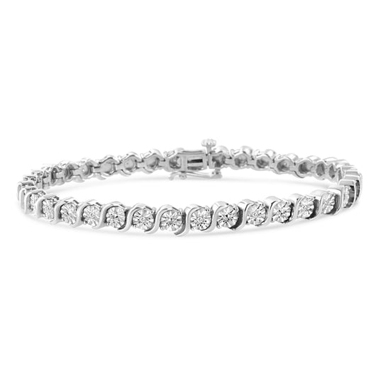 .925 Sterling Silver 1/10 Cttw Diamond Round Miracle Plate and "S" Link Tennis Bracelet (I-J Color, I2- I3 Clarity)-7"-1