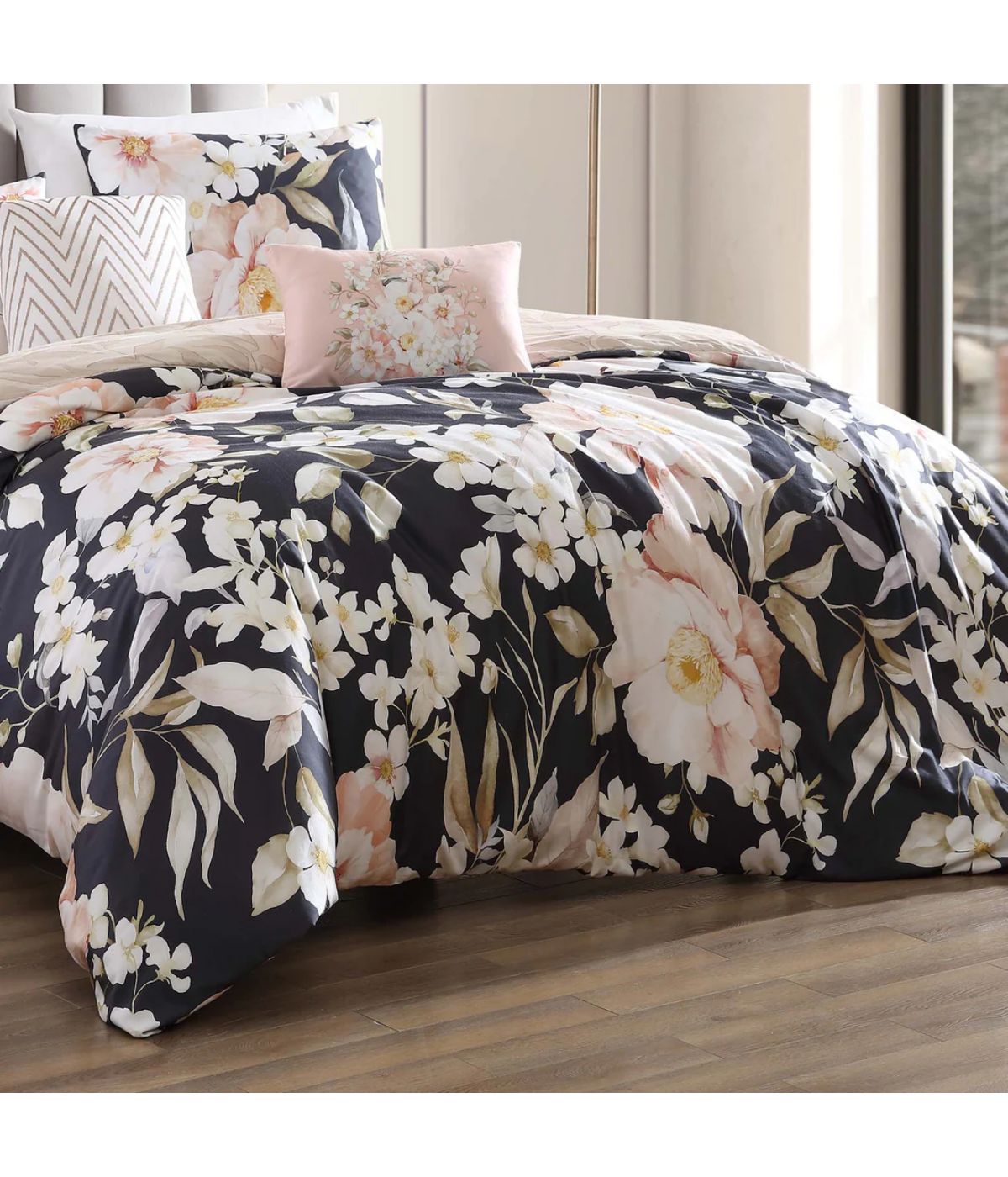 Blush Flowers 100% Cotton 200 Thread Count 5-Piece Reversible Comforter Set Blue