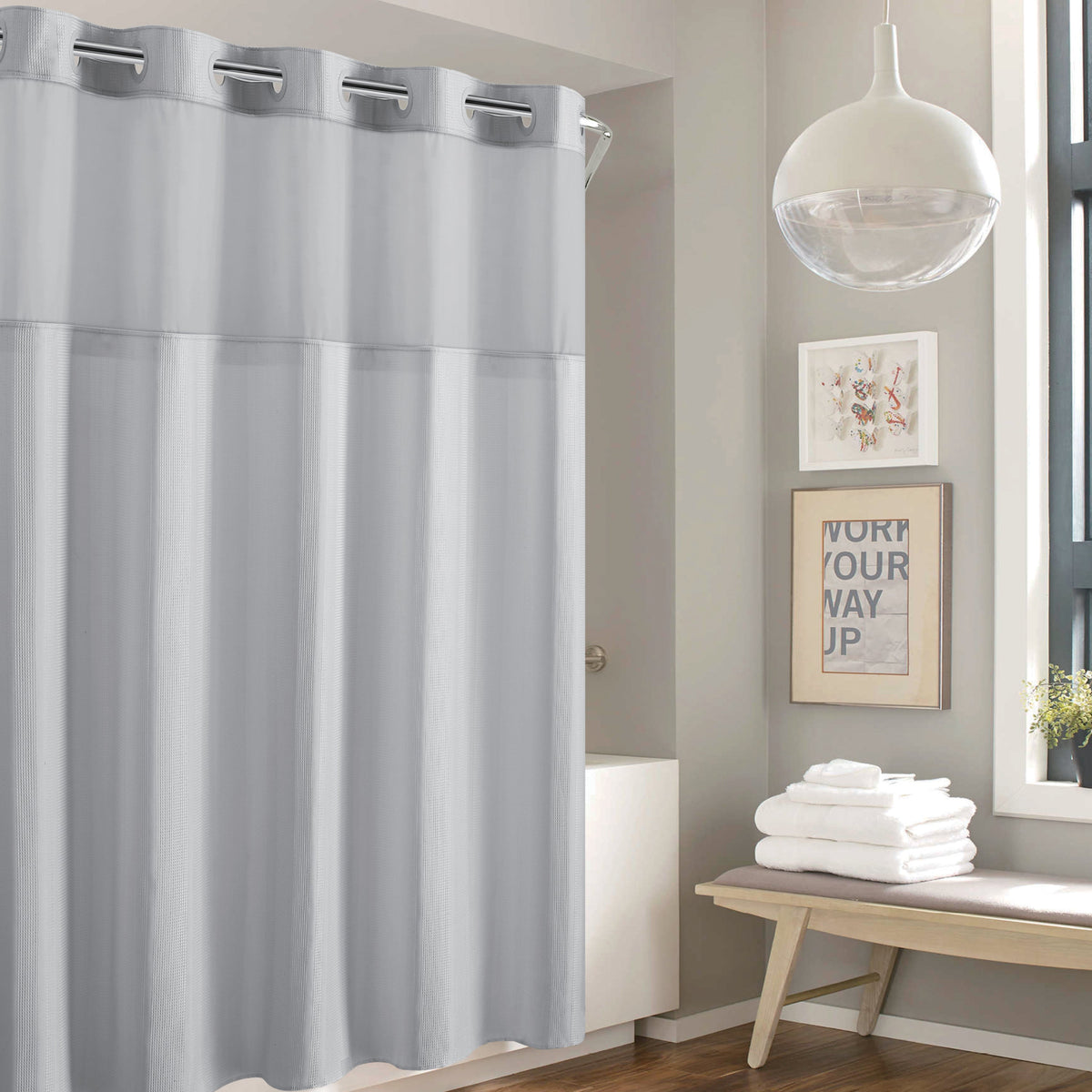 Waffle Stripe Shower Curtain Light Grey