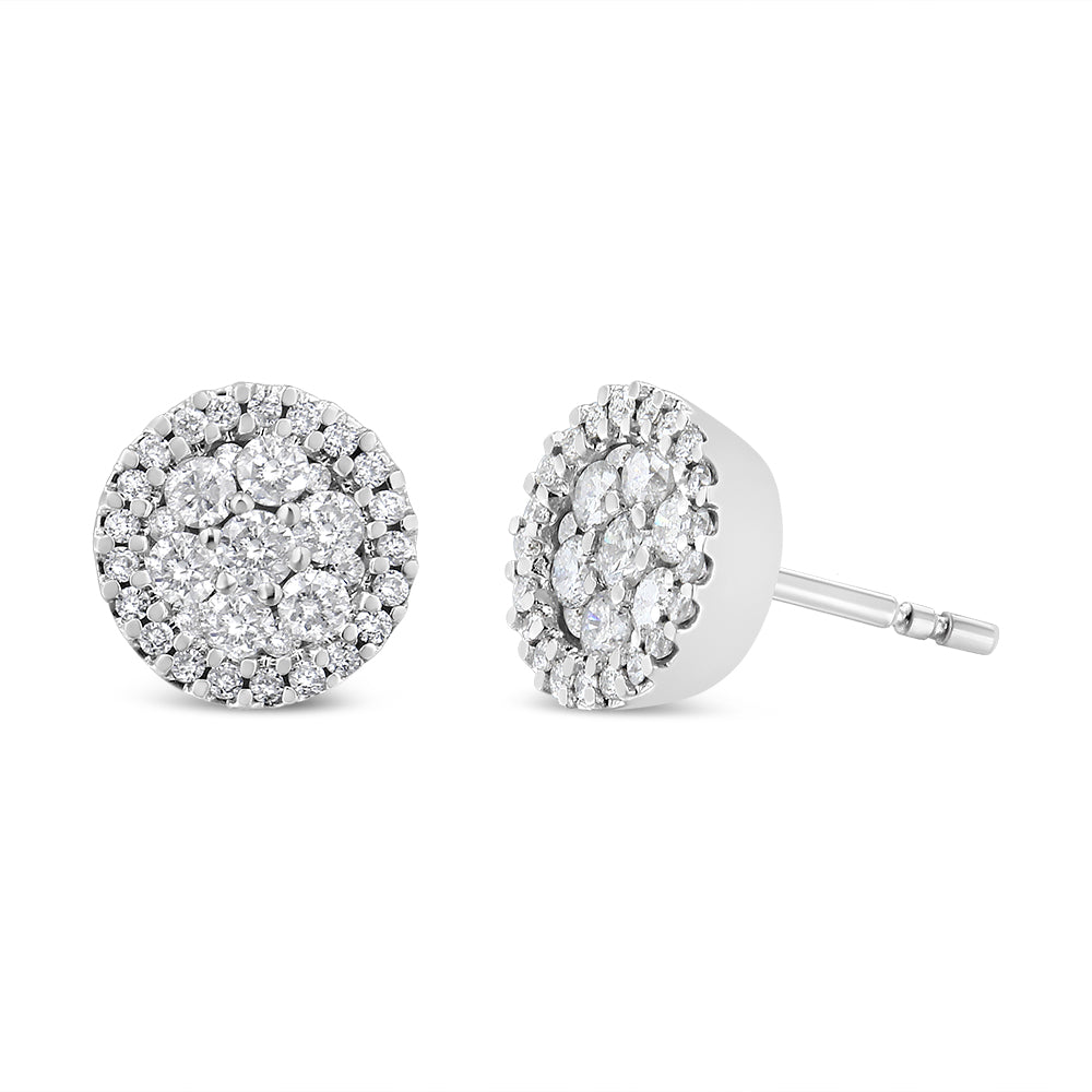 14K White Gold 1.0 Cttw Brilliant-Cut Diamond Halo-Style Cluster Round Button Stud Earrings (H-I Color, I1-I2 Clarity)-One Size-2