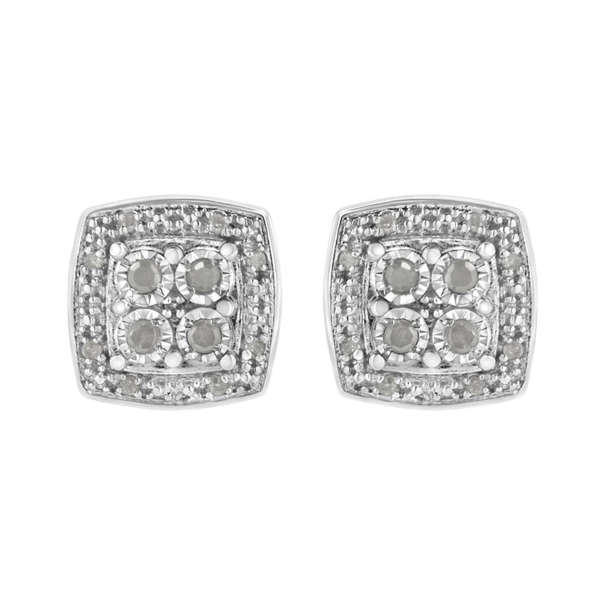.925 Sterling Silver 1/4 cttw Round Cut Diamond Square Shape Milgrain Stud Earrings (I-J Color, I3 Clarity)-One Size-1