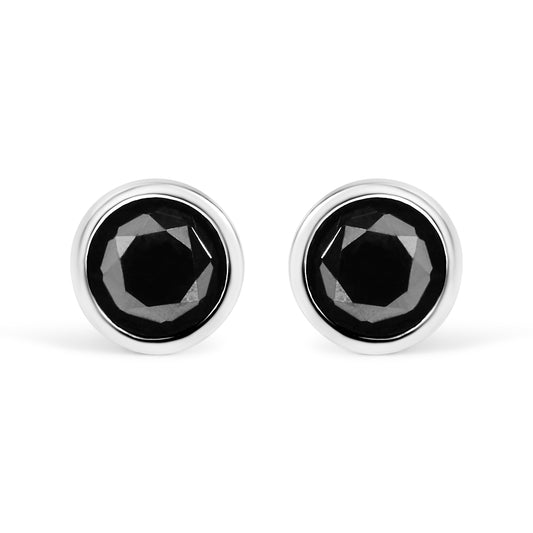 .925 Sterling Silver 1-1/2 Cttw Round Brilliant-Cut Black Diamond Bezel-Set Stud Earrings with Screw Backs (Fancy Color-Enhanced, I2-I3 Clarity)-One Size-1