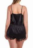 Arland Plus Size Satin Romper with Front Drape and Floral Eyelash Lace Trim