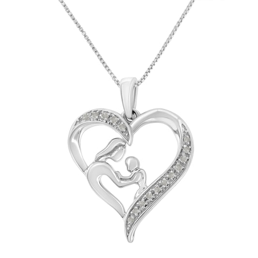 .925 Sterling Silver 1/10 cttw Diamond Heart and Mother 18" Pendant Necklace (I-J Color, I3 Clarity)-1