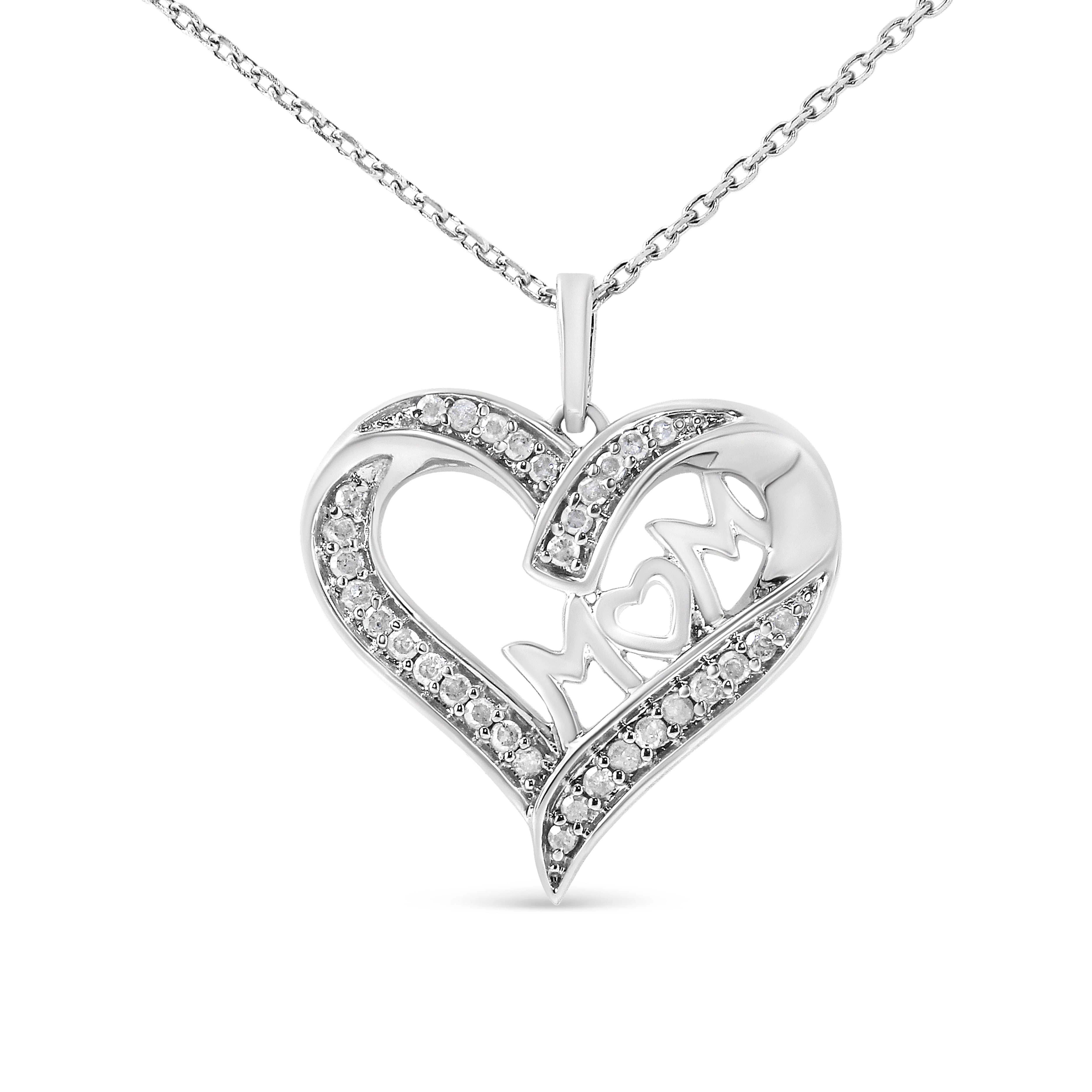 .925 Sterling Silver 1/4 cttw Diamond Engraved "Mom" in Heart Pendant Necklace (I-J Color, I3 Clarity)-18"-1