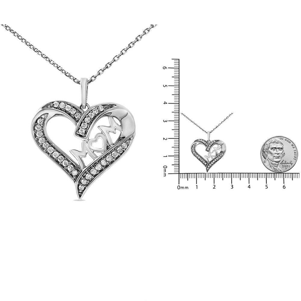 .925 Sterling Silver 1/4 cttw Diamond Engraved "Mom" in Heart Pendant Necklace (I-J Color, I3 Clarity)-18"-4