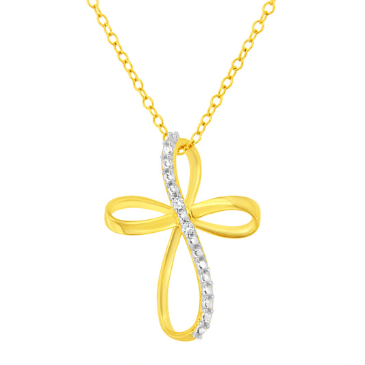 10K Yellow Gold Plated .925 Sterling Silver Diamond Accent Cross Ribbon 18" Pendant Necklace (I-J Color, I2-I3 Clarity)-1