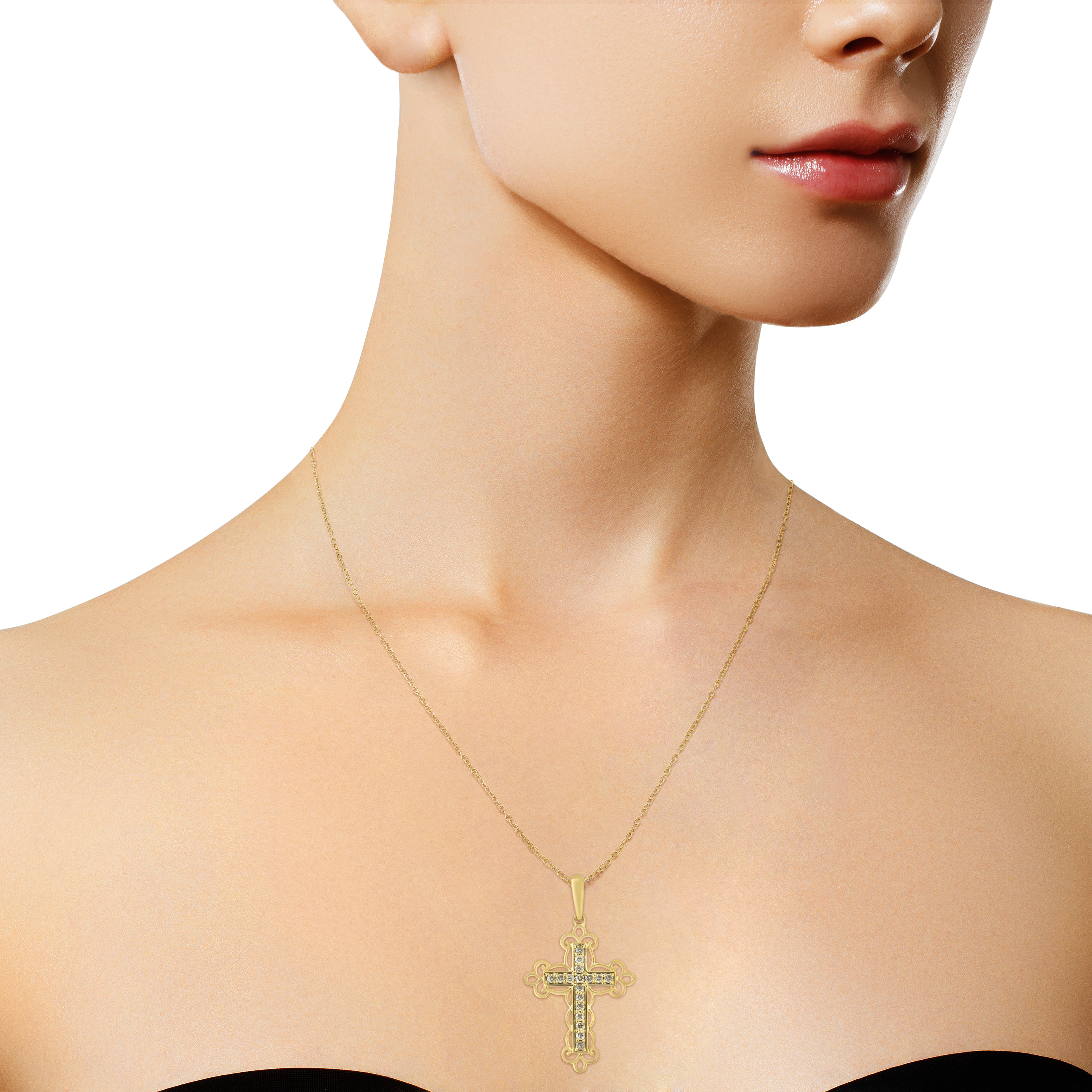 10K Yellow Flashed .925 Sterling Silver 1/4 Cttw Champagne Diamond Filigree Cross Pendant Necklace (K-L Color, I1-I2 Clarity)-18"-3