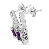 .925 Sterling Silver 8x6 MM Natural Oval Purple Amethyst Gemstone and Diamond Accent Art Deco Style Drop and Dangle Earrings (I-J Color, I1-I2 Clarity)-One Size-2