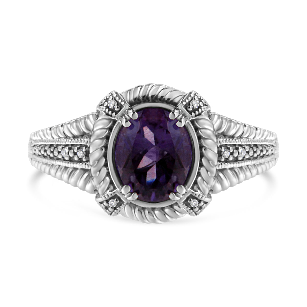 .925 Sterling Silver Prong Set Natural Oval Shape 9X7 MM Purple Amethyst Solitaire and Diamond Accent Ring (I-J Color, I1-I2 Clarity)-Ring Size 6-1